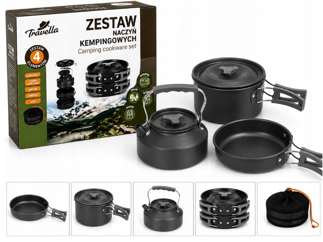 Zestaw kempingowy 4-elementowy – naczynia turystyczne do gotowania w terenie